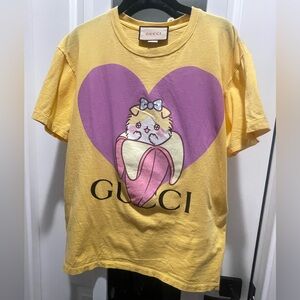 Gucci Yellow Tee with Purple Heart and Cat Design